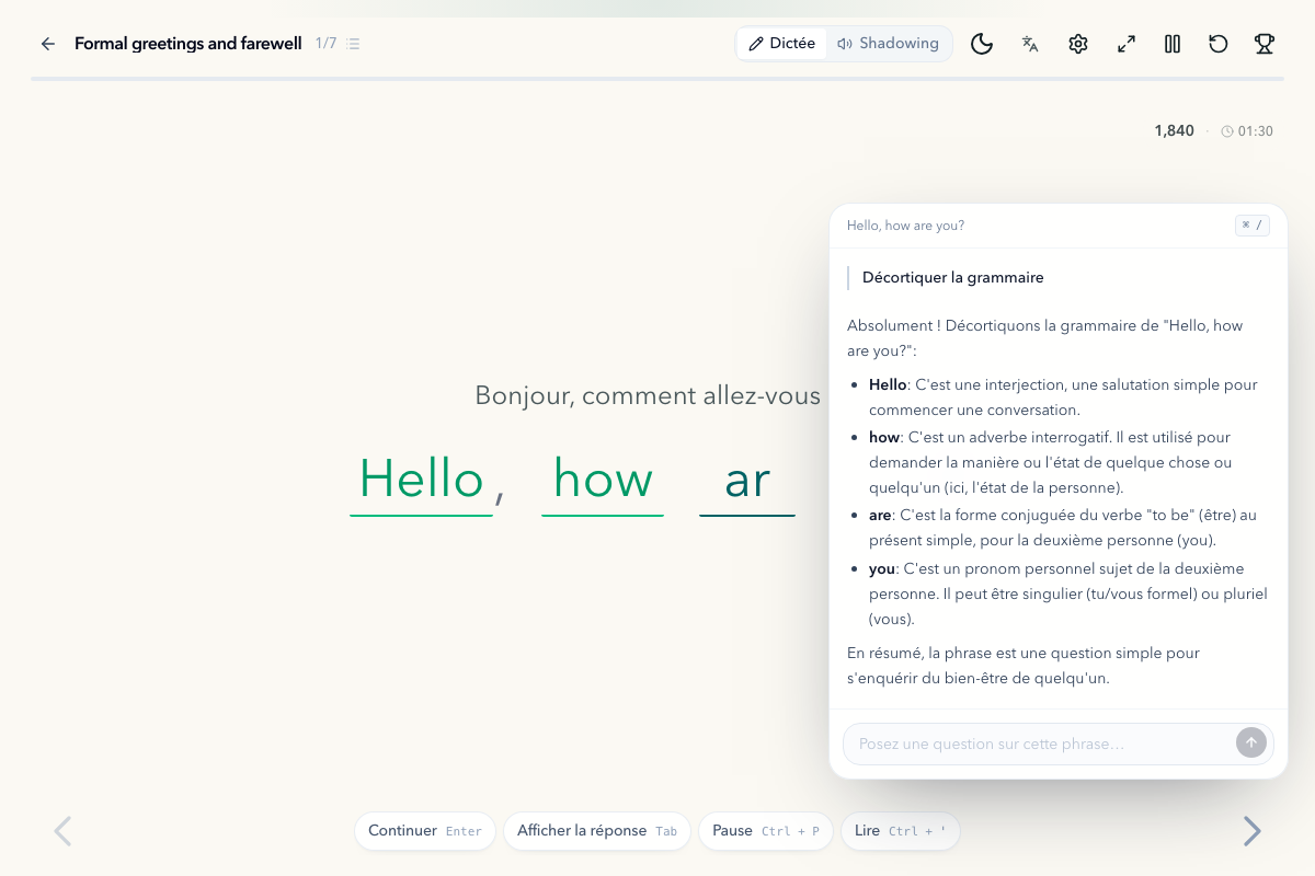 Interface de dictée en anglais avec lecteur de phrases et champ de saisie