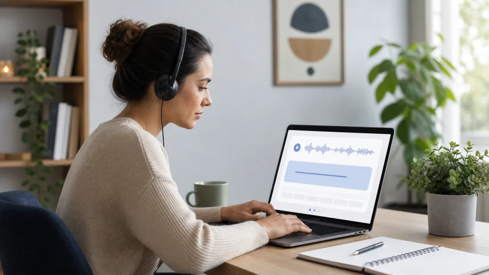 Listening dictation practice with headphones and on-screen sentence